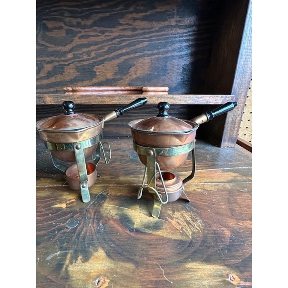 Vintage Copper‎ and Brass Butter Warmer Set with Stands and Lids - Set of 2